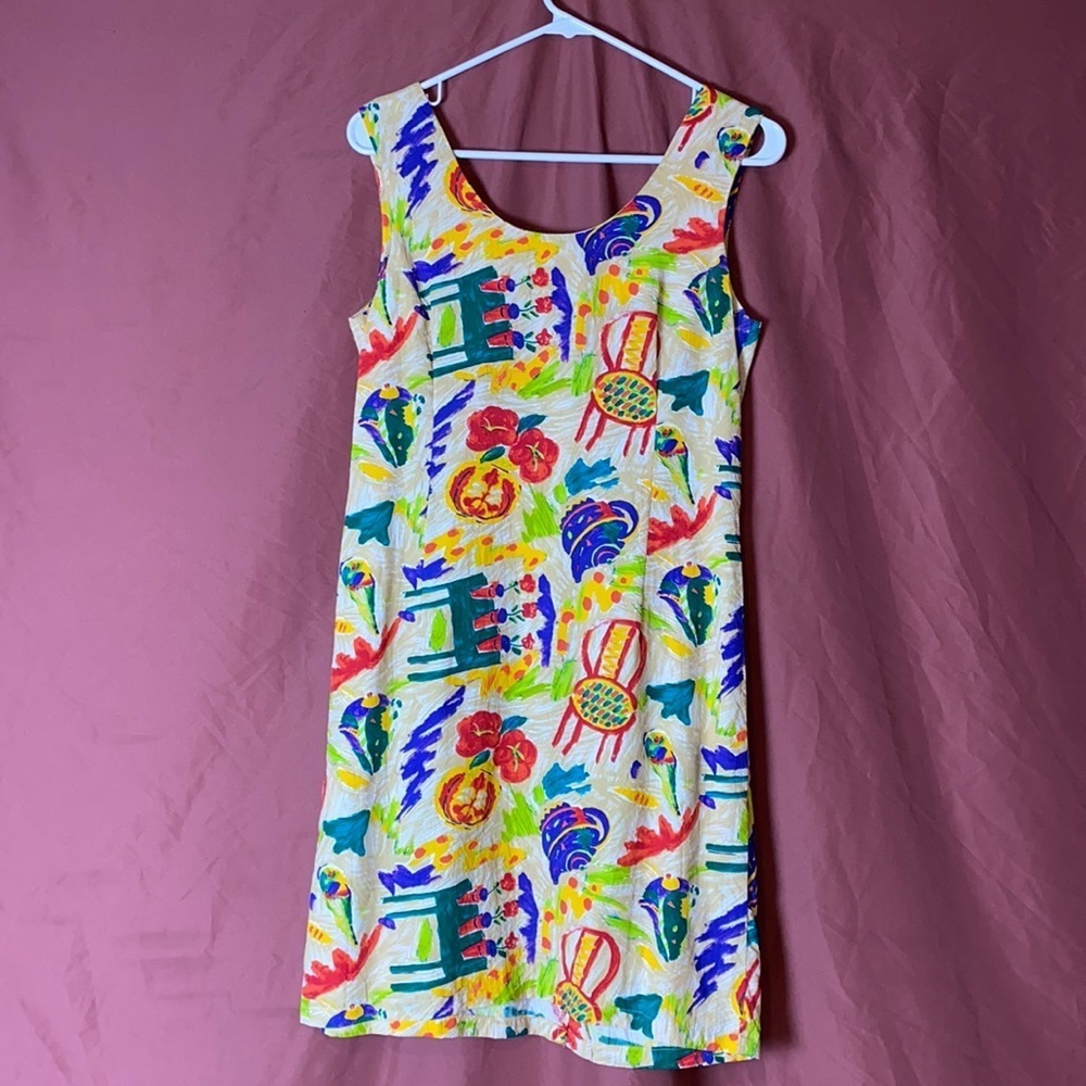 Vintage White Midi Dress — Bold Multicolor Abstract Print — Size Small